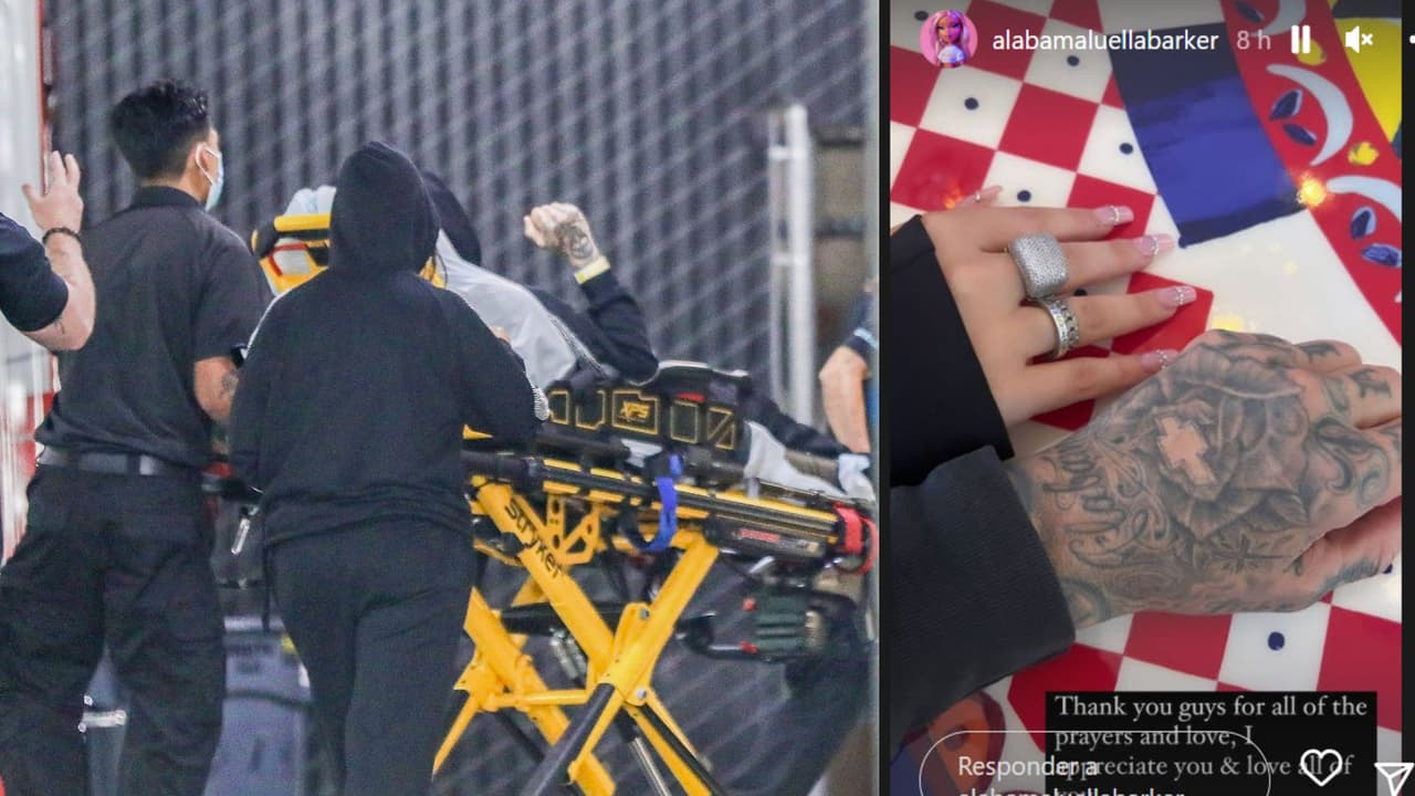 De acuerdo con The Grosby Group, Kourtney Kardashian (mujer con capucha) acompañó a Travis Barker al hospital. A la derecha, la nueva foto que publicó Alabama Barker.