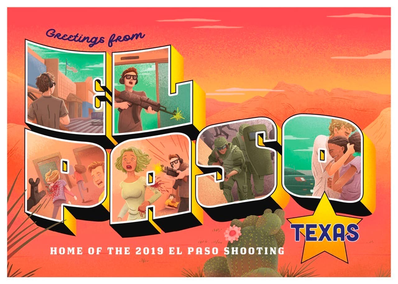 <b>“Saludos desde El Paso, el hogar del tiroteo de El Paso 2019”. </b>La campaña fue llamada "Postales de la vergüenza" y es la más reciente iniciativa del movimiento que fundó Manuel Oliver y su esposa Patricia, padres de Joaquín ‘Guac’ Oliver, una de las víctimas de la tragedia de Parkland. En 
<a href="https://www.univision.com/noticias/tiroteos/en-fotos-el-mortal-tiroteo-en-un-walmart-de-el-paso-que-la-policia-investiga-como-un-crimen-de-odio-fotos"><u>El Paso, el 3 de agosto de 2019</u></a> “un hombre armado abrió fuego en una gran tienda minorista (...) 23 personas murieron y otras 23 resultaron heridas”, se lee en esta postal.