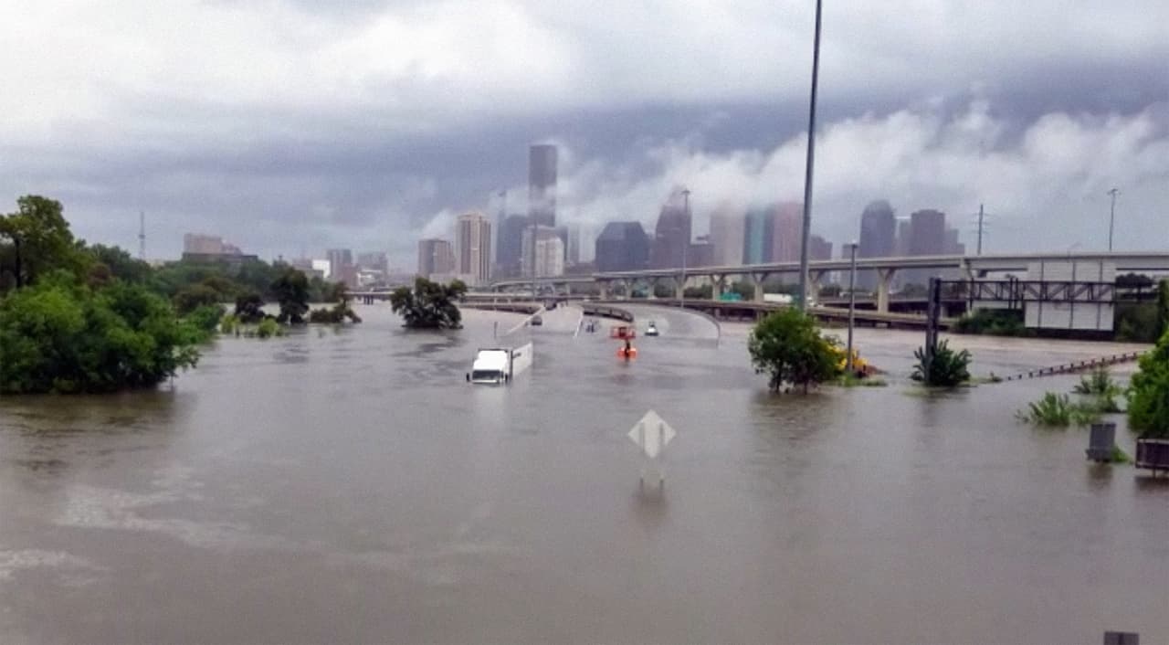 A panoramic view of downtown Houston, a waterlogged city.