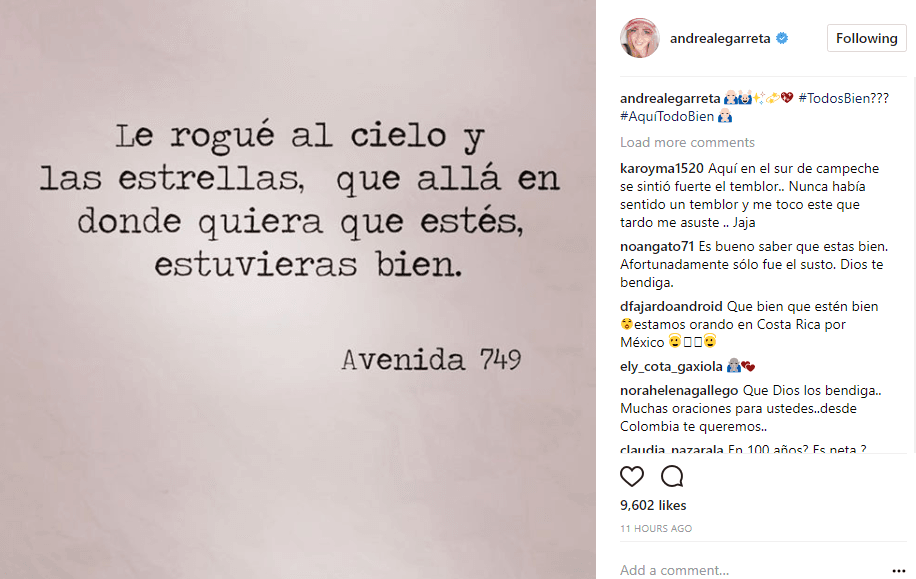 La conductora del programa 'Hoy' y esposa del cantante Eric Rubín, compartió con sus seguidores este mensaje tras el sismo en México.