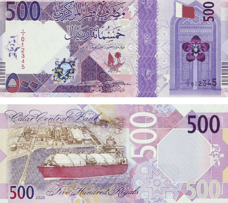 <h3 class="cms-H3-H3">17. Catar (500 riales catarí)</h3>
<br>
<br>La mezcla entre el violeta, morado, rojo y verde muestra un texto en árabe en la parte frontal acompañado de un parche holográfico, un escudo de armas, palmeras y espadas cruzadas, la bandera de Catar y una flor dreama. 
<br>
<br>En el reverso 
<a href="https://www.theibns.org/joomla/index.php?option=com_content&view=article&id=798&catid=13&Itemid=51" target="_blank">hay una refinería de gas natural de Ras Laffan y un buque cisterna de la GNL. </a>
<br>
