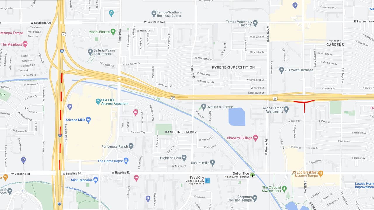 <b>Interestatal 10 oeste</b>
<br>La I-10 en dirección oeste se reducirá a dos carriles entre Baseline Road y US 60, desde las 10 p.m. del viernes hasta las 4 a. m. del lunes.
<br>
<br>Las rampas de entrada y salida de la US 60 en dirección este en Mill Avenue también estarán cerradas. Guadalupe Road cerrará en ambas direcciones entre Pointe Parkway y Calle Saguaro, desde las 8 p.m. del viernes hasta las 4 a.m. del lunes.