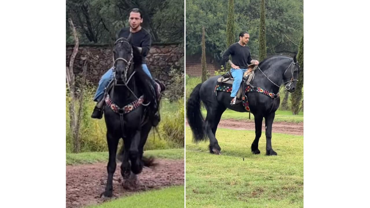 Nodal aprende a montar a caballo.