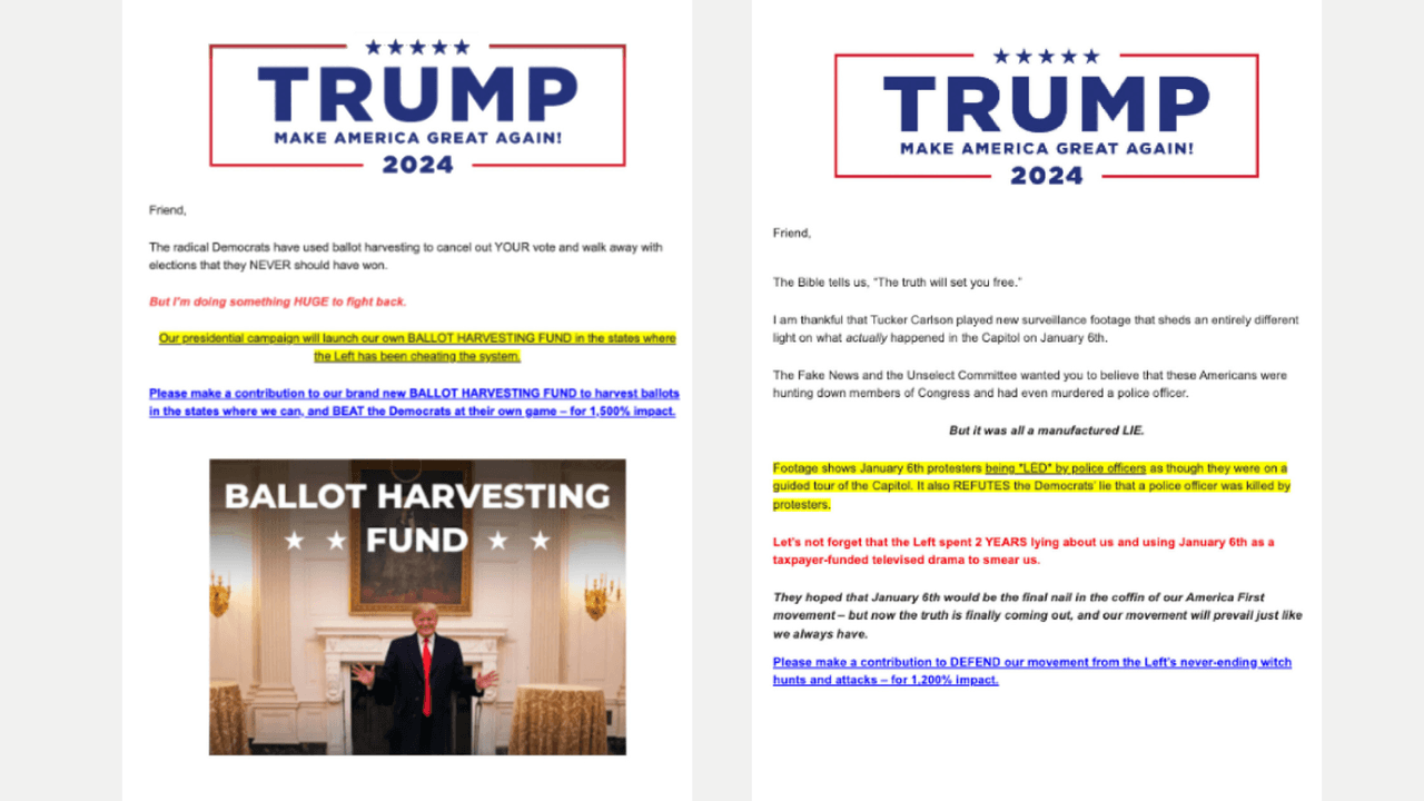 Captura del contenido de los 
<i>emails</i> que promueven la campaña de Trump para 2024.