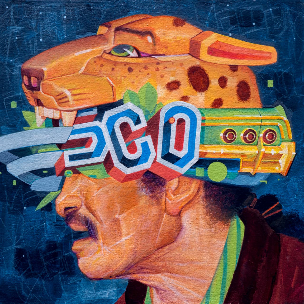 Rodríguez conoció a este hombre en una parada de autobús. “Tenía un estilo único y era un veterano de la calle. Agregué otros símbolos como el jaguar y el ‘lowrider’ verde alrededor de su cabeza para hablar de la selva de concreto”, dice el artista.