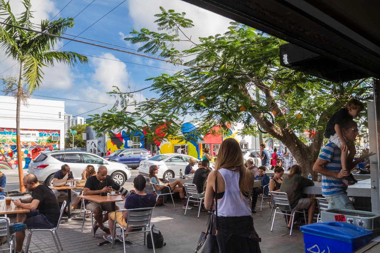 Miami, FL, USA - January 2, 2015: People relaxing in Pathern's coffee. Wynwood has a lot coffee shops and design stores to take a culture tour on your vacation time.