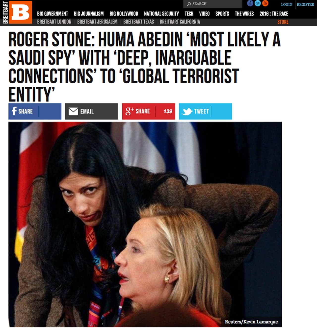 "Roger Stone: Huma Abedin ‘seguramente es una espía saudí' con ‘conexiones profundas e indiscutibles’ con 'Entidad Terrorista Global'". Abedin, de padres indios y paquistaníes, ha sido la mano derecha de Hillary Clinton desde que era secretaria de Estado e incluso durante la campaña presidencial. Roger Stone fue consejero de Trump durante su campaña a la presidencia.
