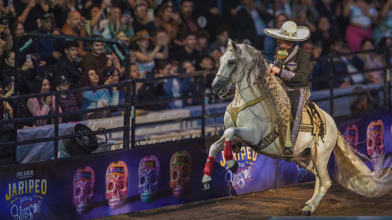 Pepe Aguilar monta a caballo en su espectáculo “Jaripeo hasta los huesos tour 2024” en el Honda Center en Anaheim, California, el viernes 29 de marzo de 2024. El espectáculo rinde homenaje al Día de Muertos, una conocida celebración mexicana.