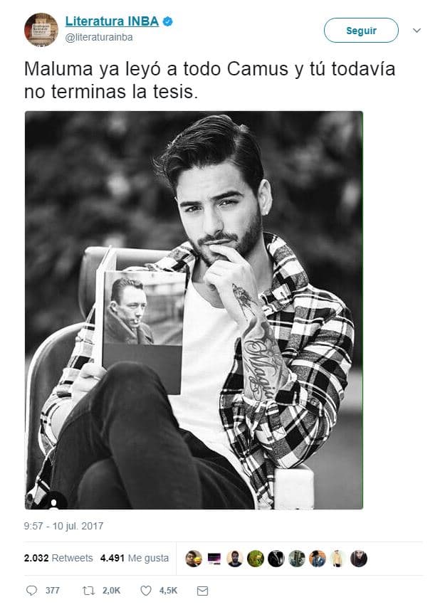 Un tuit publicado en una cuenta del Instituto Nacional de Bellas Artes (INBA) de México, generó polémica entre los usuarios de la red social por mostrar al cantante de reguetón Maluma leyendo al escritor francés Albert Camus.