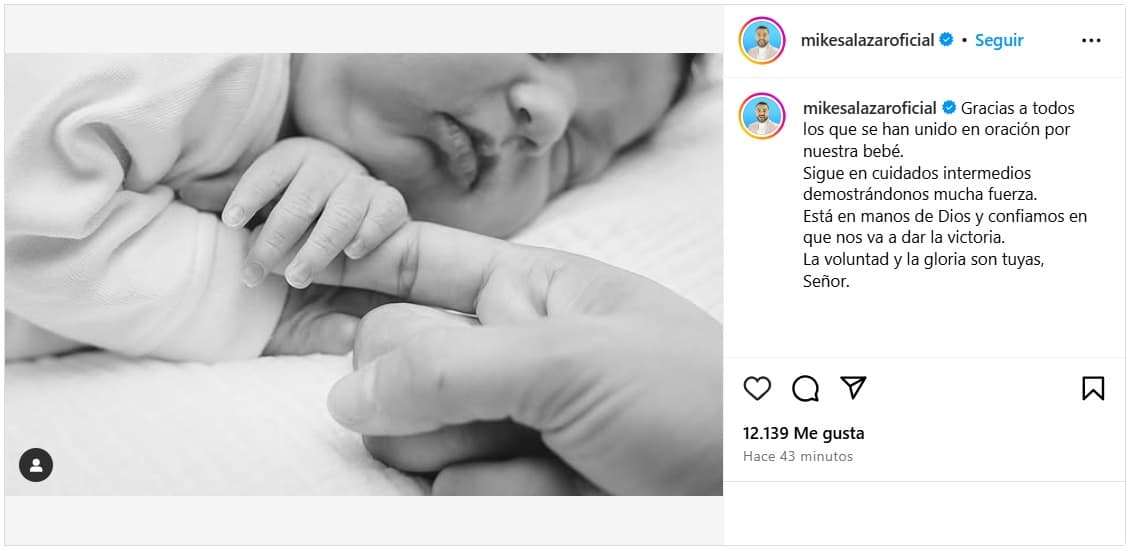 Mike Salazar informó que su bebé, Andrea Romina, continúa en terapia intermedia.
