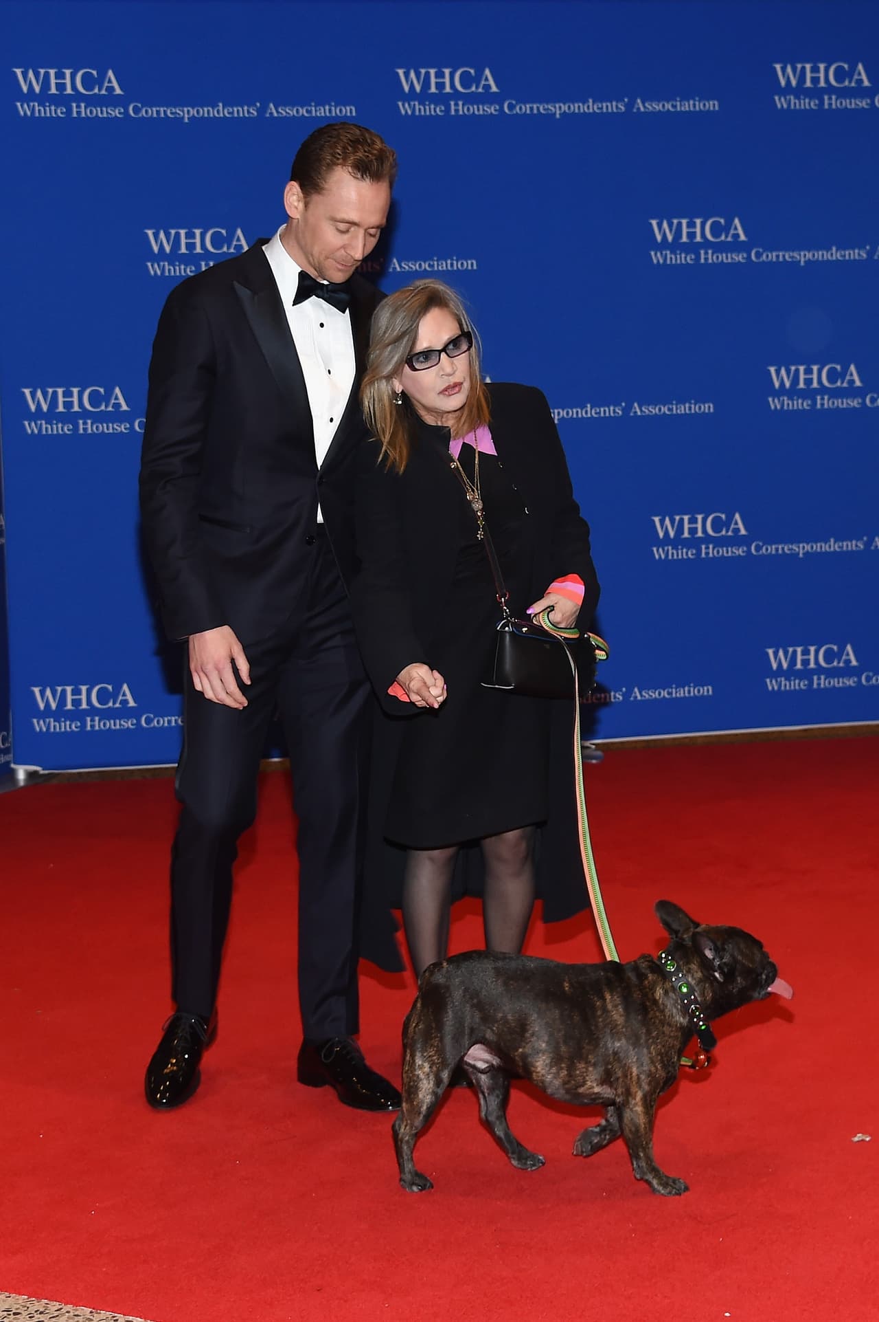 El actor Tom Hiddleston y Carrie Fisher con Gary en la 102nd White House Correspondents' Association Dinner, el 30 de abril de 2016. Larry Busacca/Getty Images.
<br>