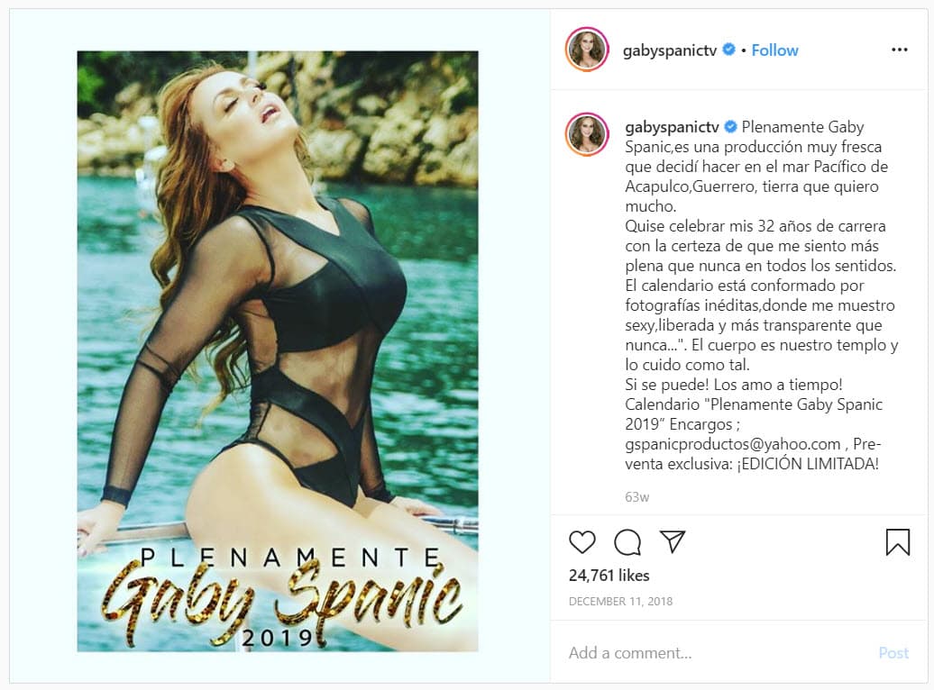 La fotografía al desnudo forma parte del calendario 2019 'Plenamente Gaby Spanic', con el cual la venezolana 
<b>celebró 32 años de carrera.</b>
<br>