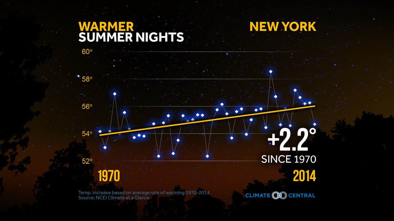 Entre el año 1970 y 2014 
<b>las temperaturas nocturnas en Nueva York han aumentado 2.2°F.</b> El cambio climático plantea una variedad de riesgos para la salud. Los impactos generalizados pueden ocurrir como resultado de temperaturas más cálidas que aumentan la producción de polen en las plantas y la formación de ozono en el suelo, lo que exacerba el asma, las alergias y otras condiciones respiratorias. Las 
<a href=" http://www.dec.ny.gov/energy/68917.html">condiciones climáticas cambiadas</a> también buscan favorecer la supervivencia de insectos y portadores de enfermedades tales como mosquitos y garrapatas, haciendo que el virus del Nilo Occidental, la enfermedad de Lyme y otras enfermedades sean más frecuentes y abran la puerta a nuevas plagas y enfermedades.