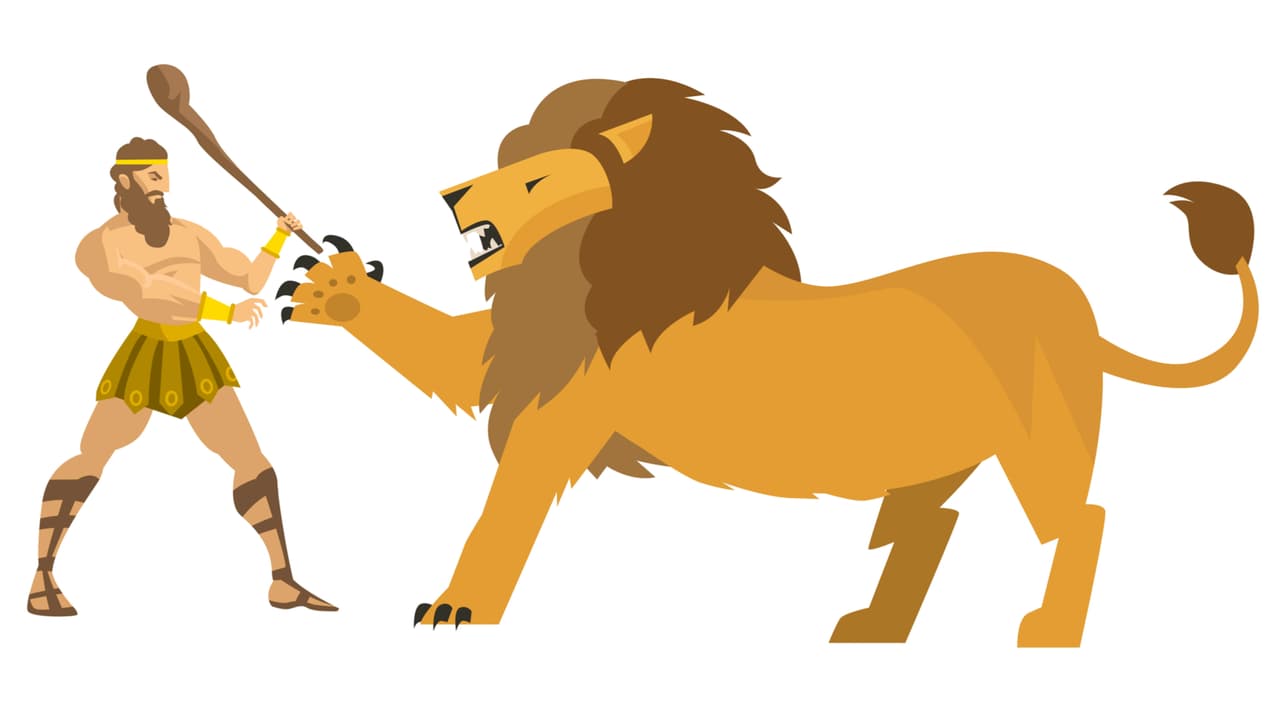 Hércules subió al monte y rápido encontró al león que venía con la boca llena de sangre, tras alimentarse. Decidió atacarlo de una vez, lanzándole flechas, pero pronto notó que la piel del animal era demasiado gruesa y resistente y que las flechas rebotaban como si se hubieran topado ante un muro de piedra.