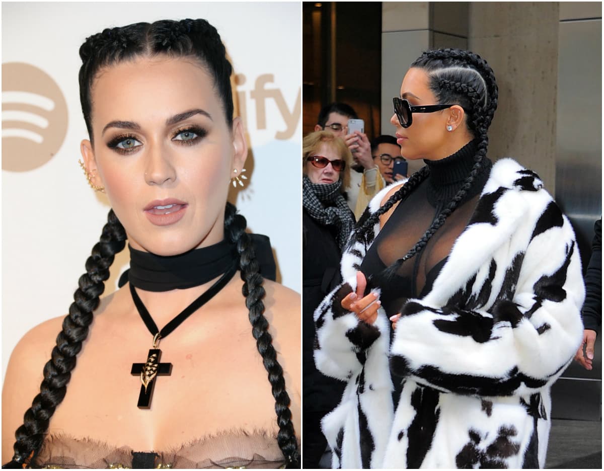 Otra de las personalidades con las que ha coincidido Kim Kardashian es con la cantante Katy Perry. Su 'outfit' escotado en color negro y el 'hairstyle' con trenzas de raíz.