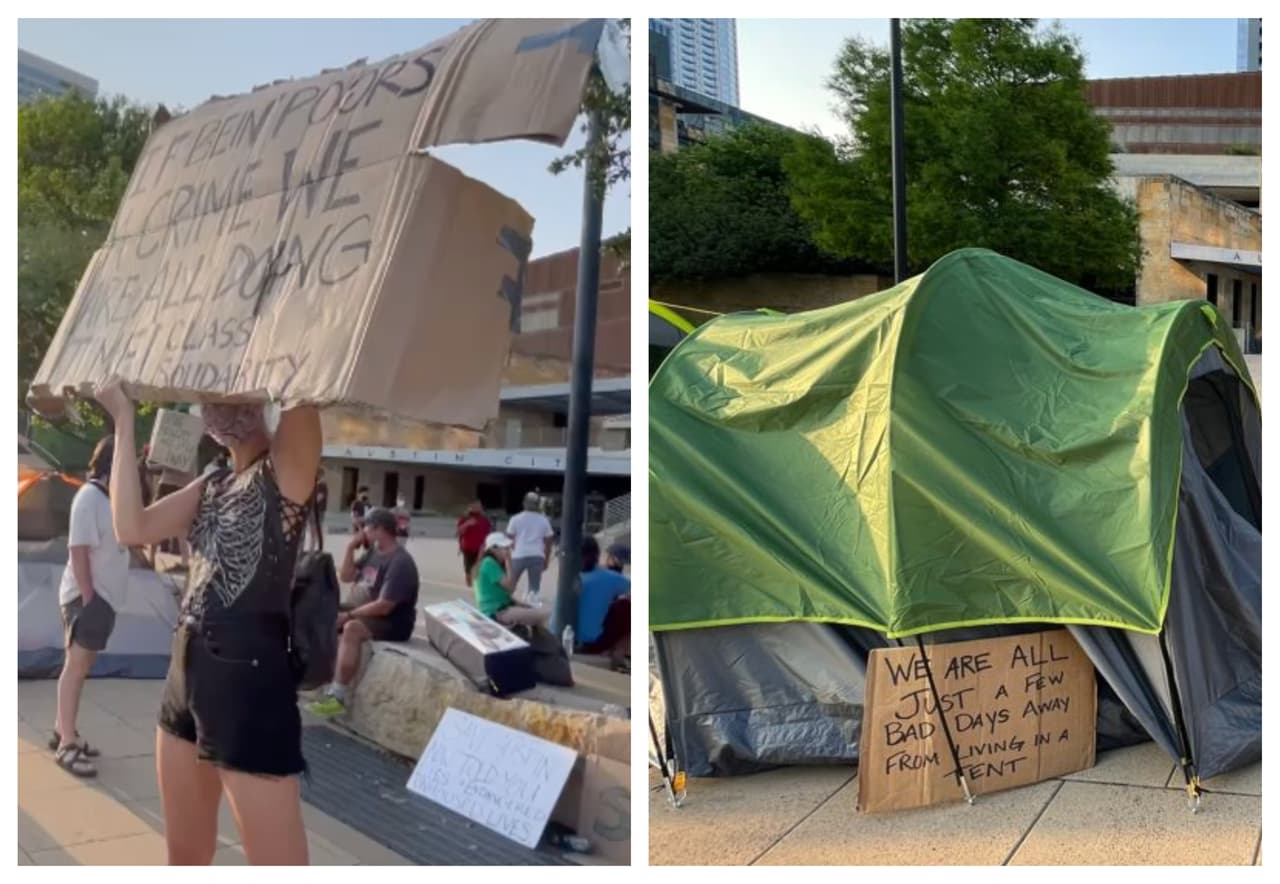 A solo horas de que los residentes de Austin votaran y 
<a href="https://www.austintexas.gov/news/council-orders-elections-eight-propositions-may-1-2021" target="_blank">aprobaran la Propuesta B</a> que establece la prohibición de acampar en ciertas partes de la ciudad. Varios activistas llegaron hasta el Ayuntamiento para manifestar en contra de esta ordenaza.