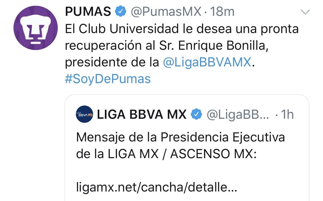 Mensajes de aliento de los clubes del futbol mexicano, tras el positivo de Enrique Bonilla en COVID-19.