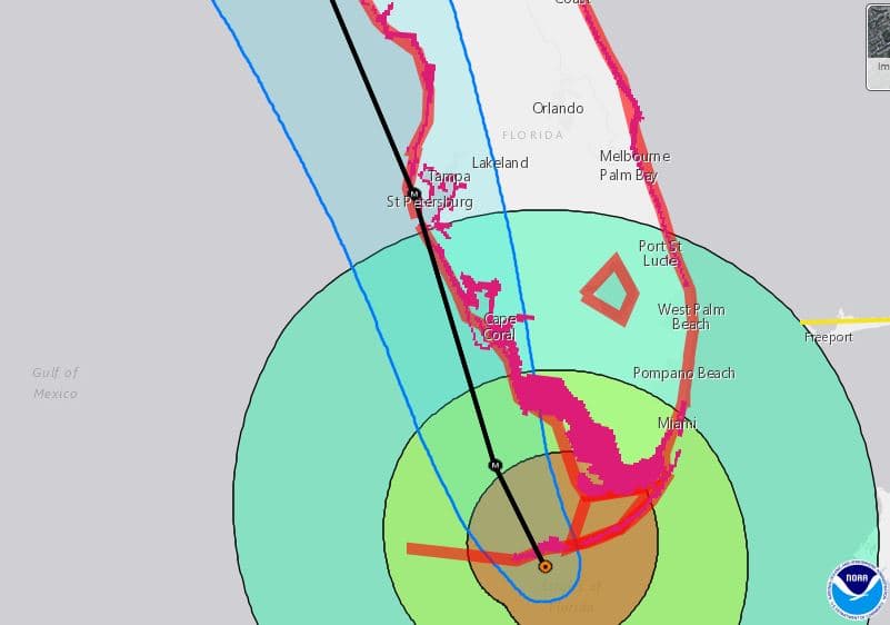 Forecast model showing Irma tracking west of Miami up the west coast past Naples and Tampa Bay.