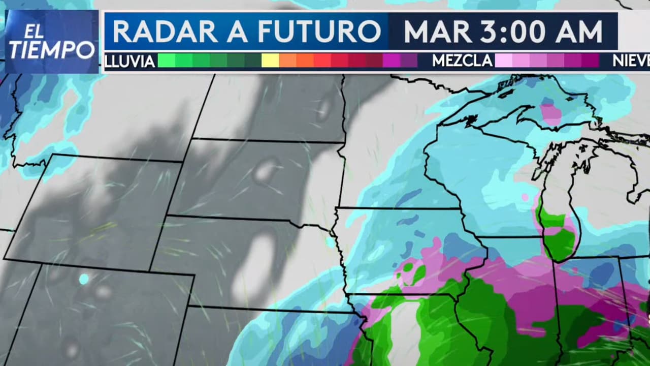A las 3:00 am, entrará el sistema más en nuestra región. Aquí podemos ver, en color azul, que la nieve cubrirá gran parte, y también tendremos mezcla invernal.
