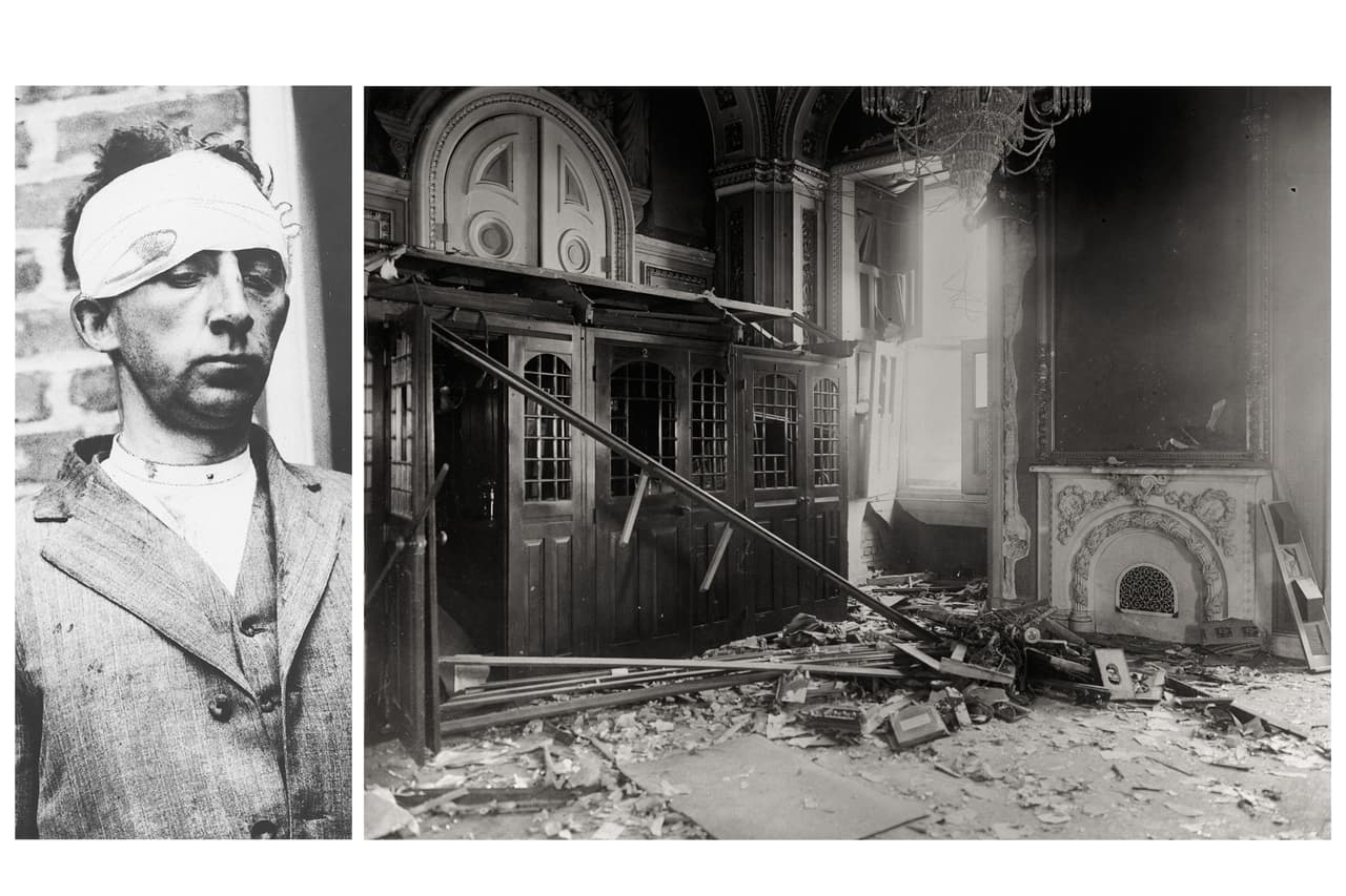 <b>Una bomba de dinamita en protesta contra la Primera Guerra Mundial (2 de julio de 1915)</b>
<br>
<br>Erich Muenter, un exprofesor de Harvard nacido en Alemania, plantó una bomba cerca de la sala de recepción del Senado que detonó cerca de la medianoche, cuando la cámara estaba en receso. 
<br>
<br>Muenter (a la izquierda en la foto) declaró que la explosión fue una protesta por la ayuda de
<a href="https://www.senate.gov/artandhistory/history/minute/Bomb_Rocks_Capitol.htm"> <u>Estados Unidos a los británicos en los inicios de la Primera Guerra Mundial</u></a>. A la derecha los escombros que dejó la detonación, que solo dejó daños materiales.