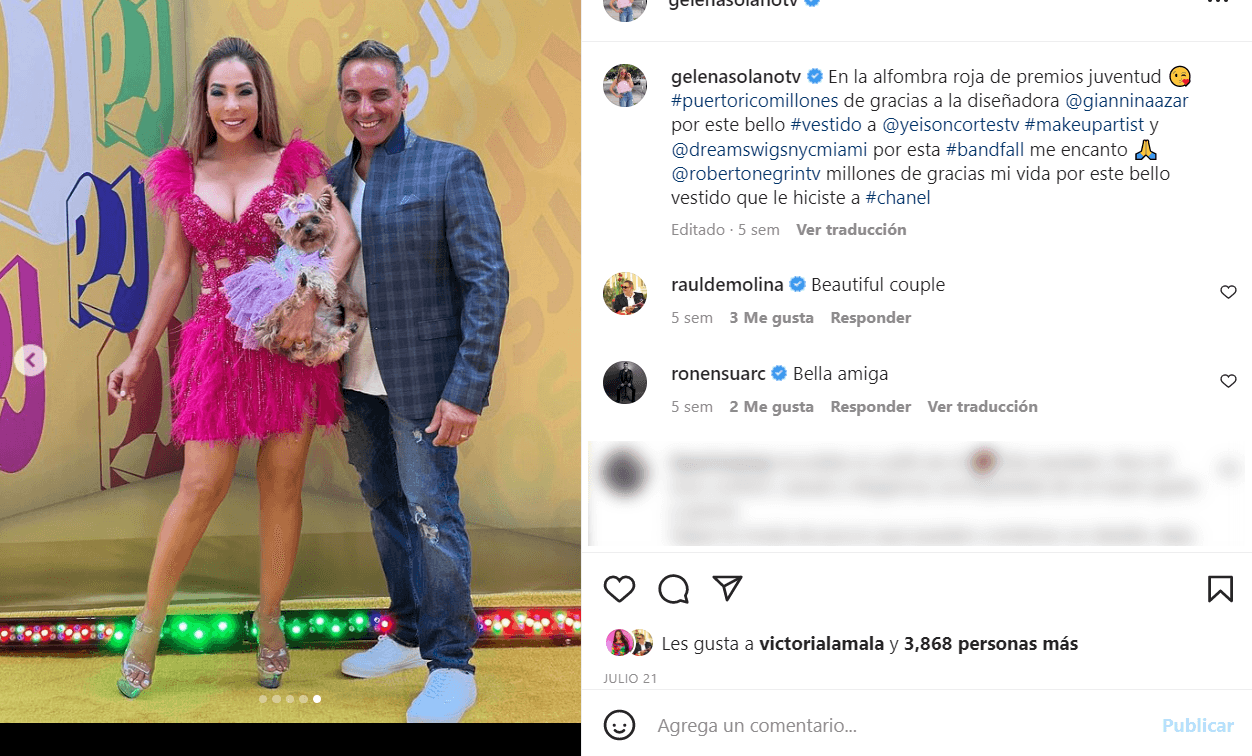 Gelena Solano, su esposo Steve Cutuli y Chanel en Premios Juventud 2022.
