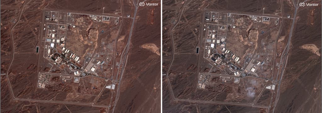 En esta combinación de imágenes satelitales proporcionadas por Vantor se muestra una vista de la instalación nuclear de Natanz antes, izquierda, y con daños, el lunes 2 de marzo de 2026 en Irán. (Imagen satelital ©2026 Vantor vía AP)