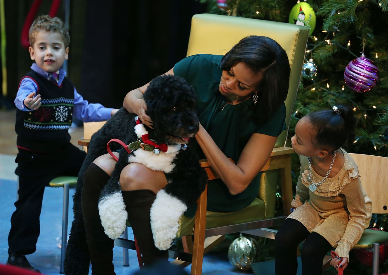 Michelle Obama siempre visitó hospitales en la víspera de la Navidad. En 2012, los niños del
<i>Children's National Medical Center </i>fueron sorprendidos con la presencia de Bo que se sentó en las piernas de la primera dama.