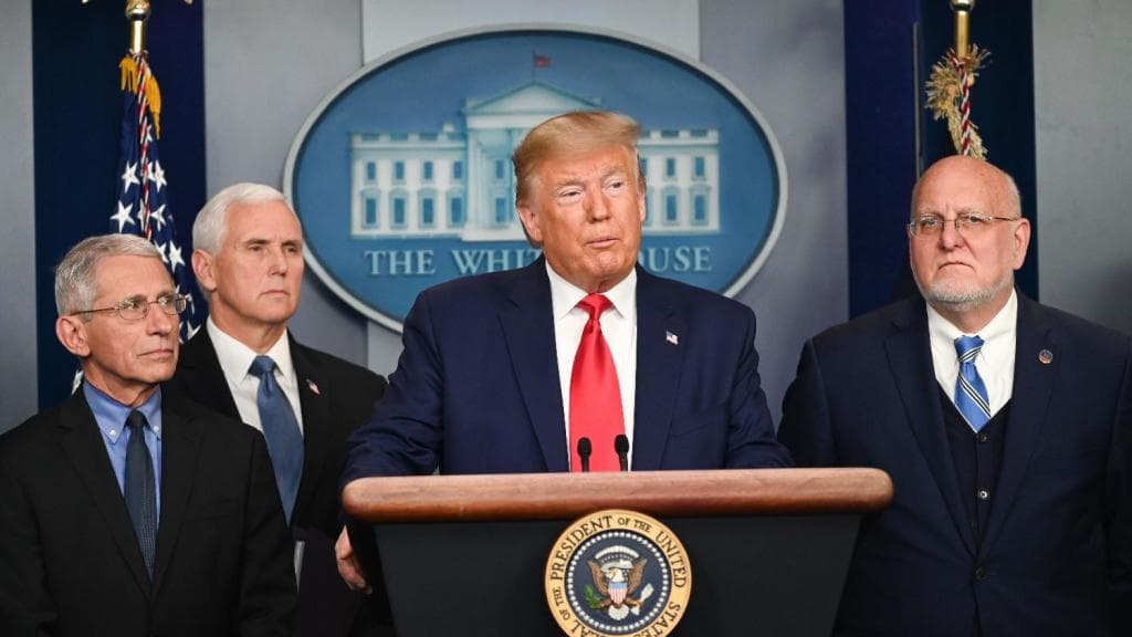 President Trump speaks during a press conference from the White House about covid-19.