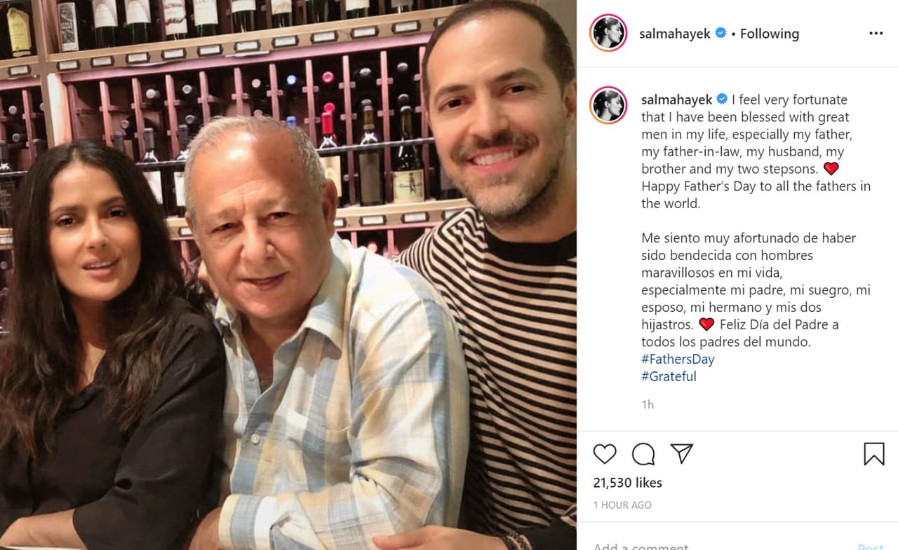 "Me siento muy afortunada de haber sido bendecida con hombres maravillosos en mi vida, especialmente mi padre, mi suegro, mi esposo, mi hermano y mis dos hijastros. Feliz Día del Padre a todos los padres del mundo", escribió junto a
<b><a href="https://www.instagram.com/p/CBsau3dpXpr/" target="_blank"> esta foto. </a></b>