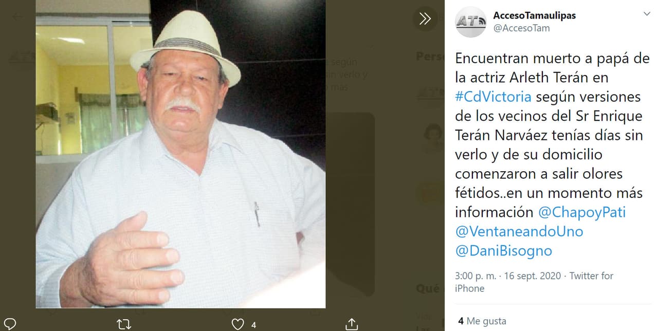 El pasado 16 de septiembre trascendió la noticia de que el señor
<b>Enrique Terán Narváez fue encontrado sin vida en su hogar</b> en Ciudad Victoria, Tamaulipas.