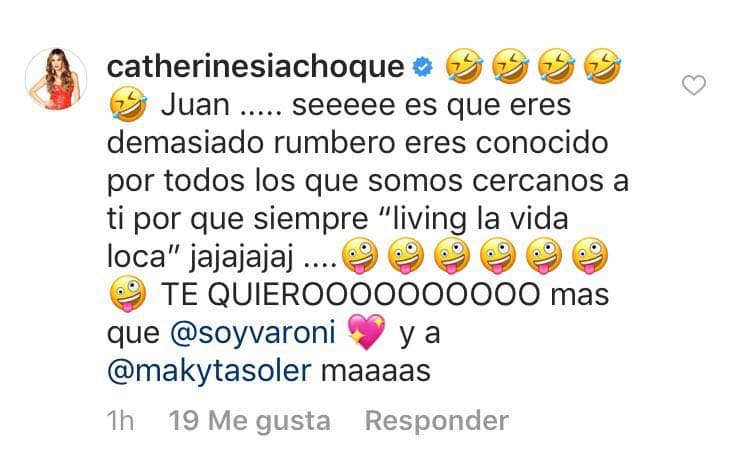 La actriz colombiana 
<b><a href="https://www.instagram.com/catherinesiachoque/">Catherine Siachoque</a></b> reforzó la 'confesión' de Juan Soler de que le gusta la fiesta. "Eres demasiado rumbero", declaró, siguiendo con la broma.