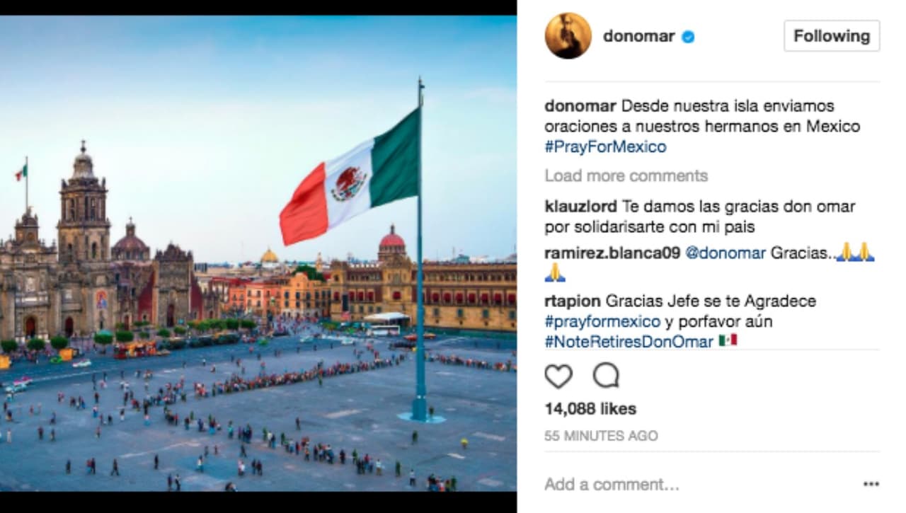 Desde Puerto Rico, donde aguarda por el paso del poderoso huracán María, el reggaetonero Don Omar envió cariño a México.