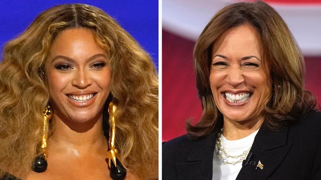 Beyoncé en los Premios Grammy en Los Ángeles, el 14 de marzo de 2021, a la izquierda, y a la candidata presidencial demócrata, la vicepresidenta Kamala Harris, en el 'town hall' de CNN en Aston, Pensilvania, el 23 de octubre de 2024.