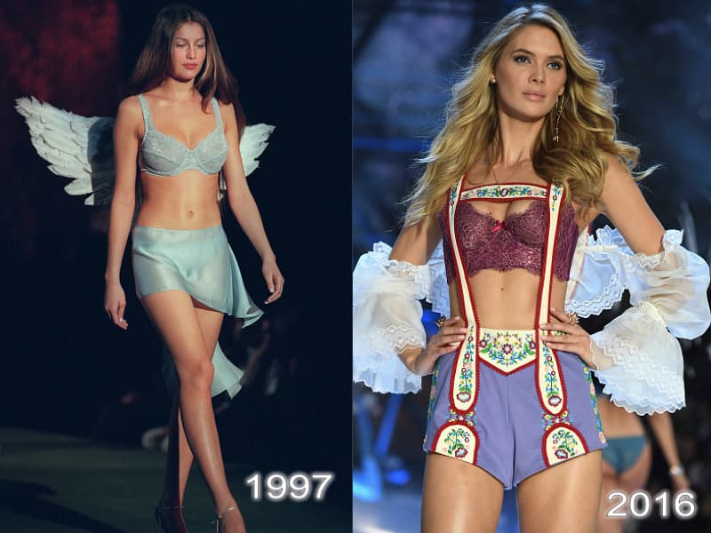 En materia de actitud, las modelos también han cambiado. Algo cabizbaja, la modelo italiana Laetitia Casta luce un Miracle Bra de satín y una falda de seda. Megan Williams, con la mirada al infinito, casi como la propaganda de un político, caminó en el show de París en 2016.