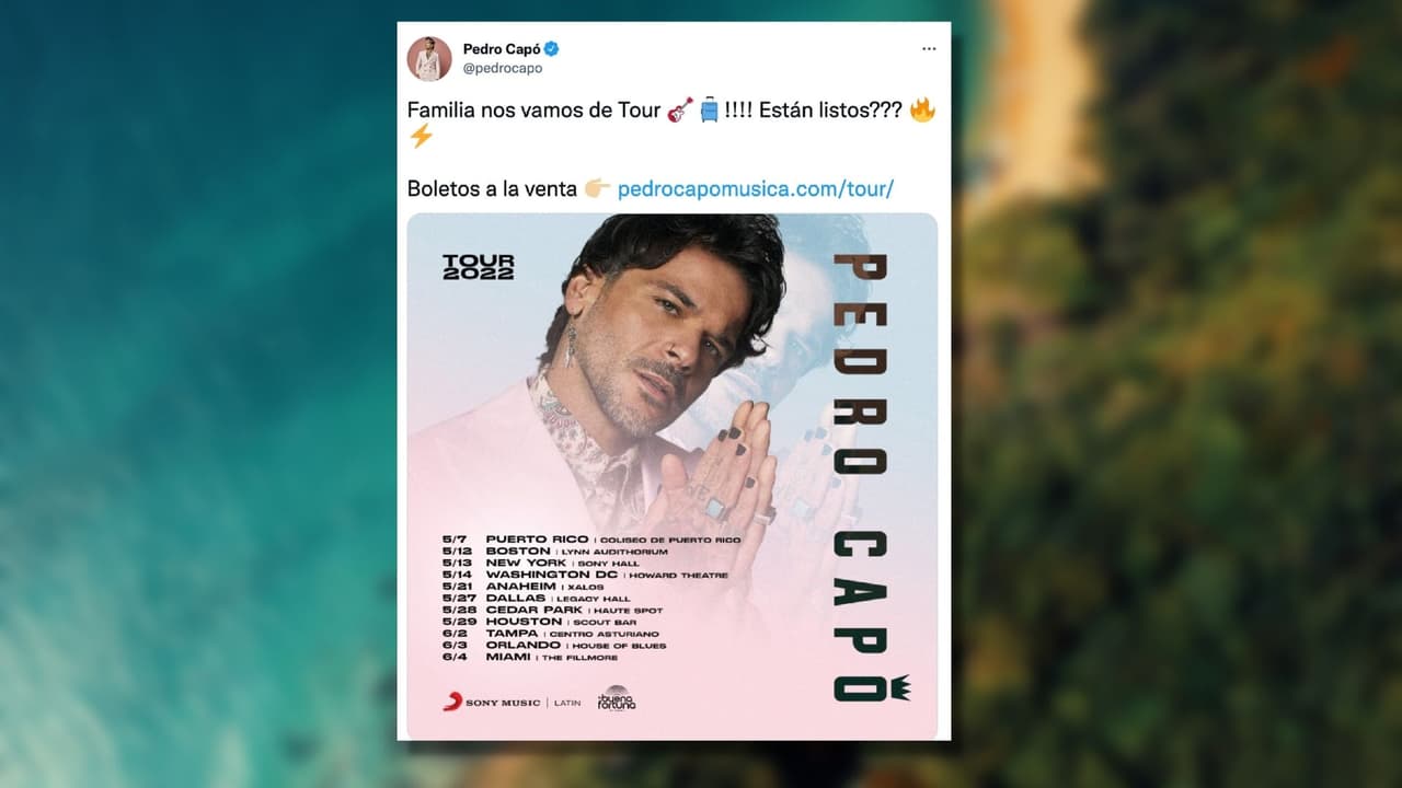 <b>Pedro Capó</b>
<br>
<br>El intérprete de ‘Calma’ aprovecha el 
<a href="https://www.univision.com/musica/los-estrenos-de-la-musica-latina-en-univision-uforia-new-music-picks">2022 para anunciar una gira de 11 fechas por los Estados Unidios</a>. Capó inicia su gira en el representativo Coliseo de Puerto Rico el 7 de mayo y visitará Nueva York, Boston, Dallas y otras ciudades, terminando el 4 de junio en Miami.