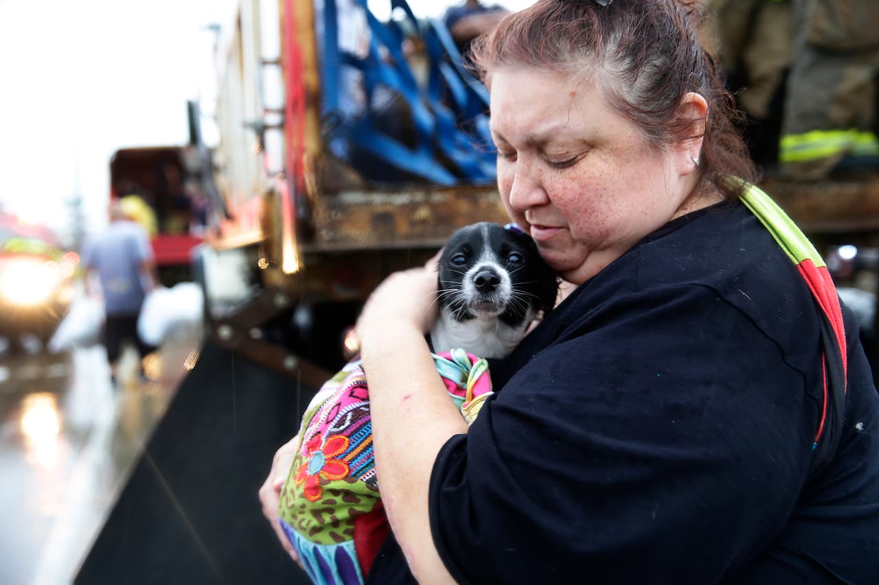 lma Moreno consuela a su perro, Simon cuando fueron montados en camiones después para evacuar su apartamento inundado en Houston.
<br>
