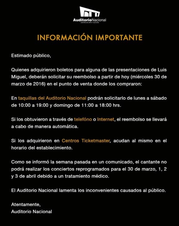 A través de sus redes sociales, el Auditorio Nacional dio las indicaciones para el reembolso de las entradas.