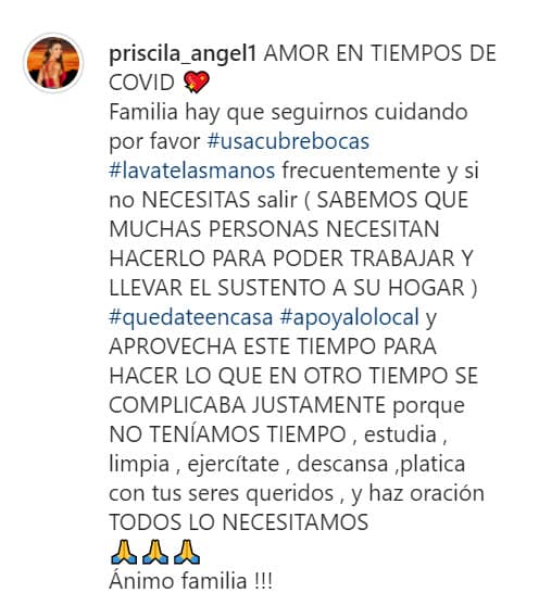 Hizo un llamado para 
<b><a href="https://www.instagram.com/p/CJoXDoNhMXK/" target="_blank">que se evite salir a la calle</a></b>, aunque está consciente que hay personas que no tienen otro remedio dado que deben llevar el sustento a sus hogares. 
<br>
