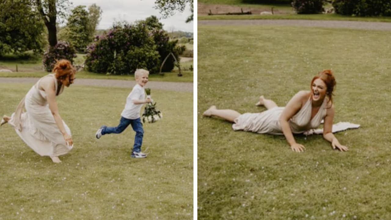 Niño se gana el ramo de la novia en una boda y las invitadas lo persiguen para quitárselo