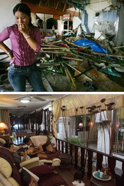 Una mujer tailandesa camina por la devastación en un hotel de la playa de Patong. Ahora, en ese lugarr, los turistas reciben masajes de relajación.