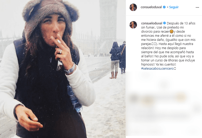 “
<b>Después de 13 años sin fumar. Usé de pretexto mi divorcio para recaer y desde entonces me aferré a él como si no me hiciera daño, (igualito que con mis parejas). ¡Hasta aquí llegó nuestra relación! (…)</b>”, expresó junto a esta fotografía.
<br>