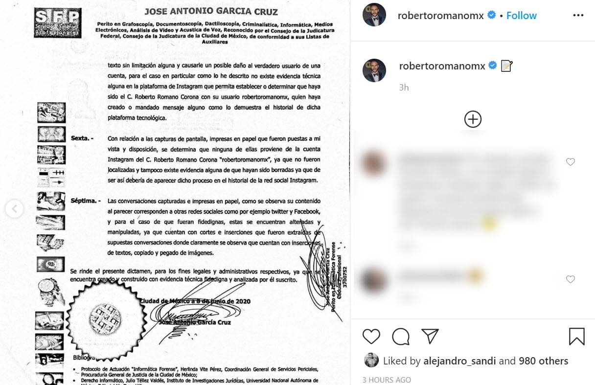 En esos documentos se concluye que los mensajes que involucraron al actor en el supuesto caso de agresión cibernética de violencia, amenazas y discriminación no salieron ni de su celular ni de sus cuentas de redes sociales. El documento presentado aseguraba que estaba avalado por las autoridades mexicanas, pero no contaba con un sello o rúbrica oficial por parte de la autoridad judicial competente.
<br>