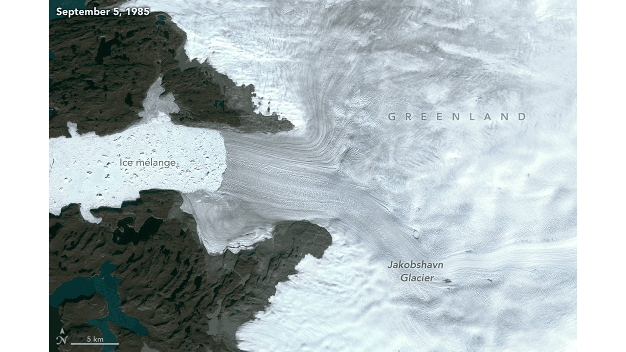Así se veía el glaciar Jakobshavn en 1985.