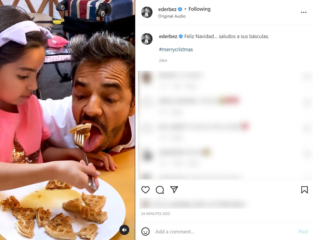 Por su parte, 
<b>Eugenio Derbez</b> envió un mensaje lleno de humor acompañado de un fragmento de la película animada 'El Grinch' y fotografías de su familia comiendo: "Feliz Navidad… saludos a sus básculas".