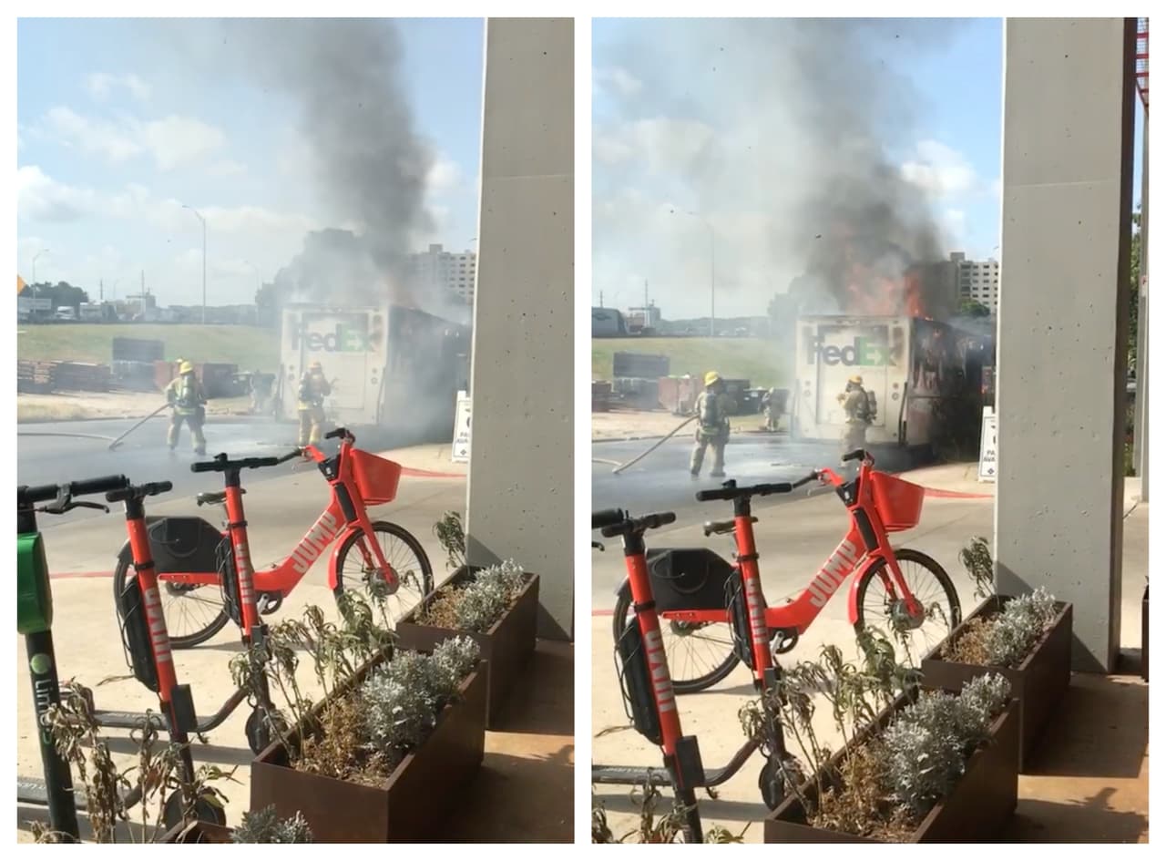 Camión de FedEx estalla en llamas en el centro de Austin
