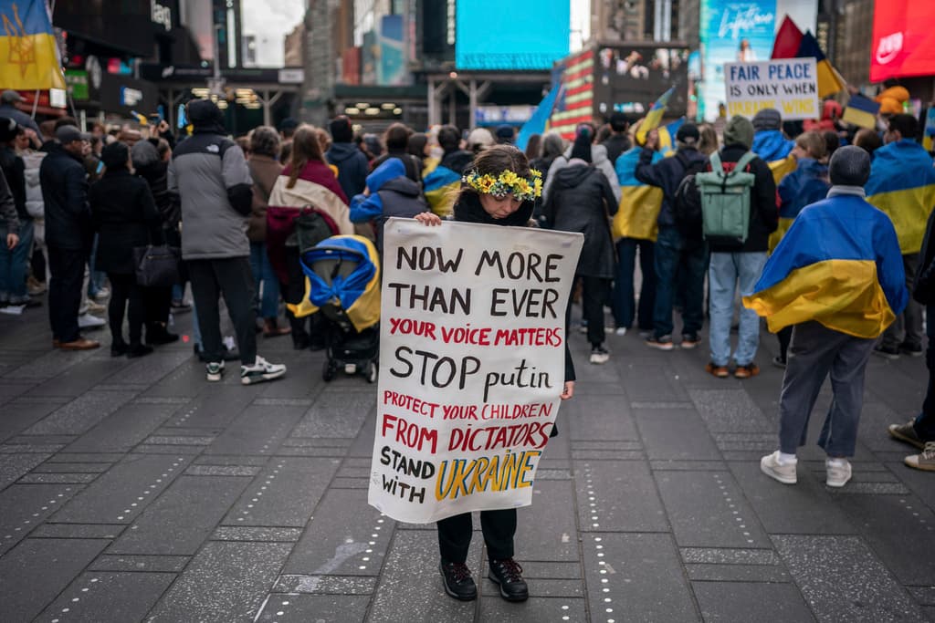 "Ahora más que nunca, tu voz importa. Detengan a (el presidente de Rusia, Vladimir) Putin, protejan a sus hijos de dictadores y apoyen a Ucrania", resumió en esta pancarta uno de los manifestantes en Time Square.