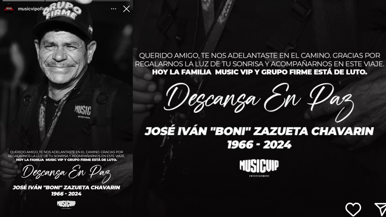 La disquera de Grupo Firme confirmó la muerte de uno de los integrantes del staff de la agrupación, José Iván ‘Boni’ Zazueta Chavarin.