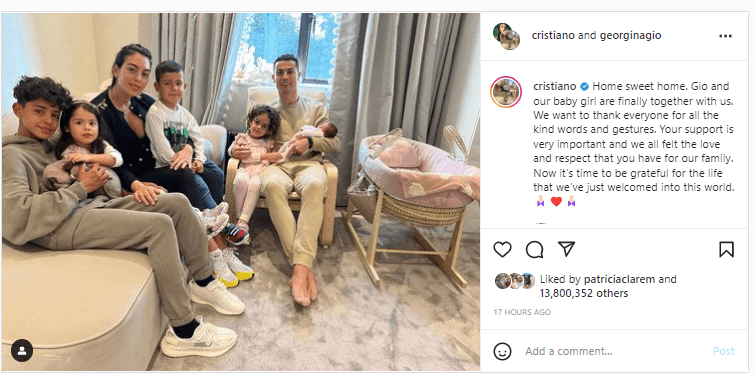 En un nuevo post, Cristiano Ronaldo agradeció por el apoyo y contó que ya están en casa reunidos en familia con la recién nacida que sí sobrevivió.