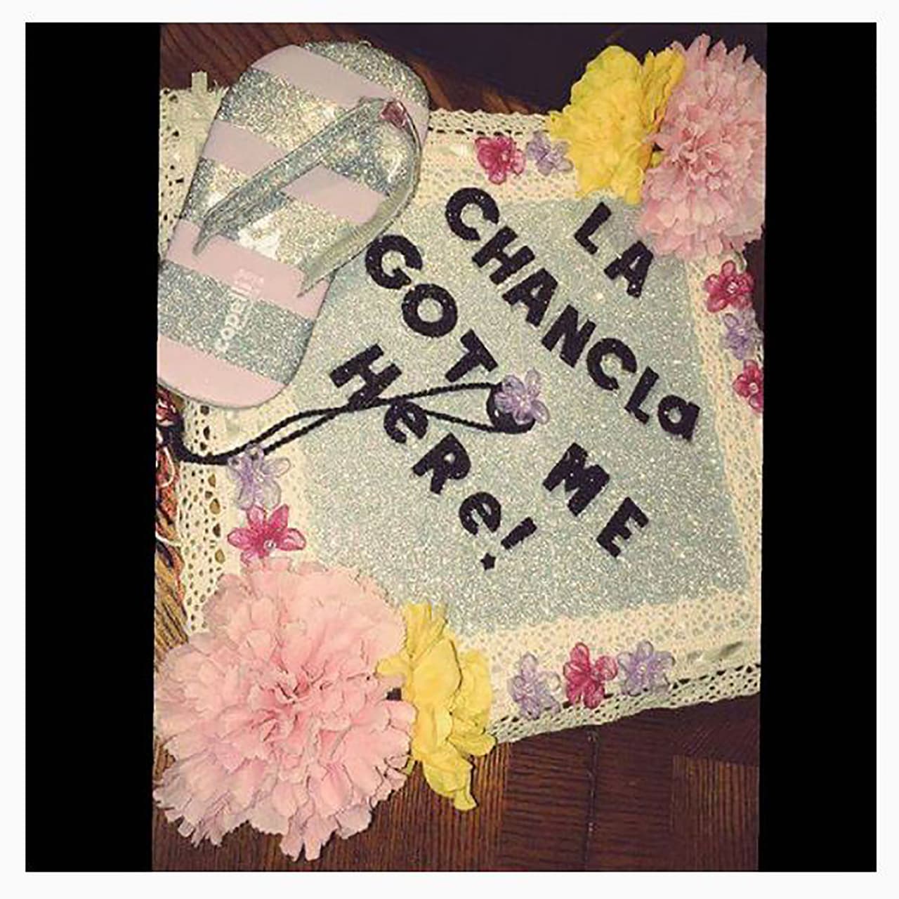 Graduation caps: This one reads "The flip-flops got me here!" (a reference to touch parental love.)