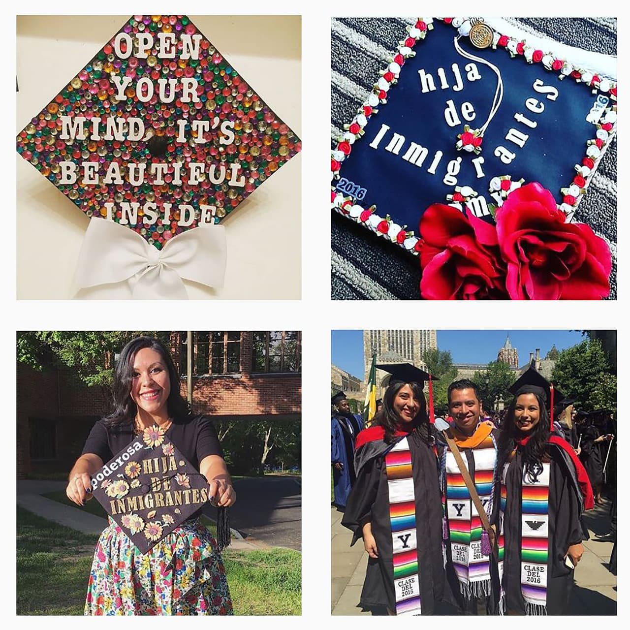 Graduation caps. Top right and bottom left, reads: "Daughter of inmigrants."